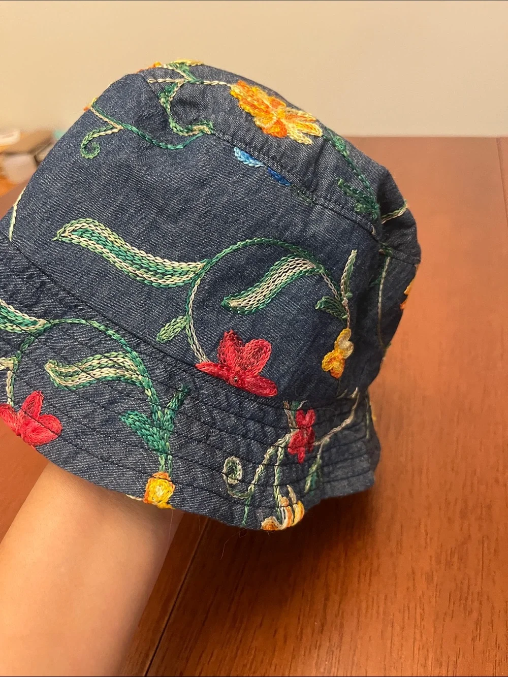 Embroidered Floral Denim Bucket Hat - Navy reversible kids